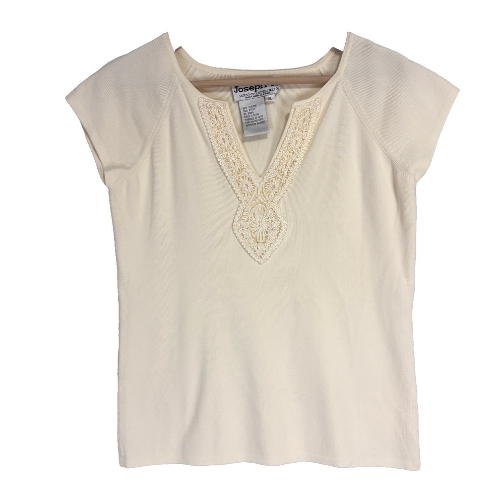 Joseph A. Womens Cream Cap Sleeve Ribbed V-Neck Top Sz XL Knit Embroidery Casual